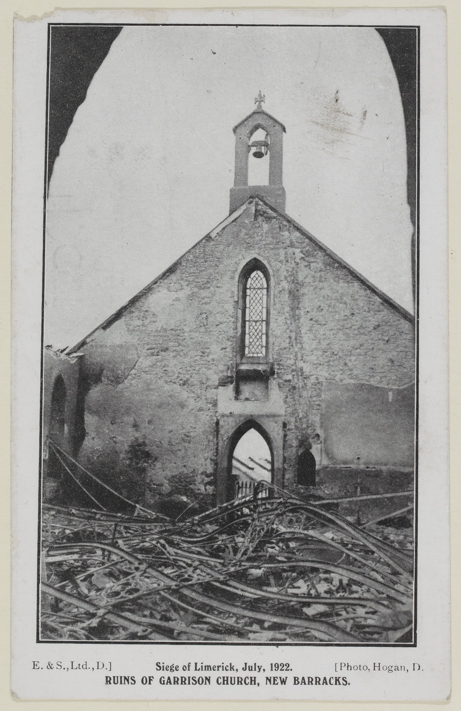 A photograph taken by D. Hogan of the ruins of the Garrison Church barracks in Limerick in July 1922. Image courtesy of the National Library of Ireland