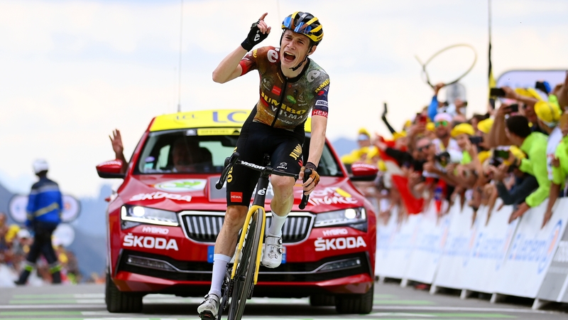 Jonas Vingegaard (Team Jumbo - Visma) celebrates at finish line as stage winner