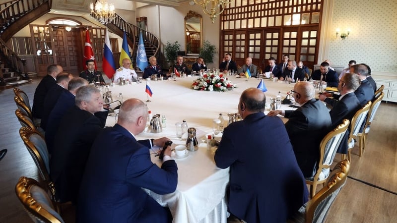 Delegations from Turkey, Russia, Ukraine and UN officials attend a meeting to discuss shipment of blocked Ukrainian grain
