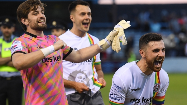 Bohemians goalkeeper Tadhg Ryan (L) and Jordan Flores celebrate their win