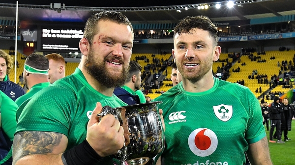 Porter celebrates the series win with Hugo Keenan (right)