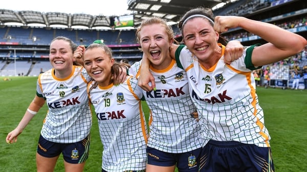 Meath players, from left, Aine Sheridan, Ailbhe Leahy, Aoibheann Leahy, and Niamh O'Sullivan celebrate at the final whistle
