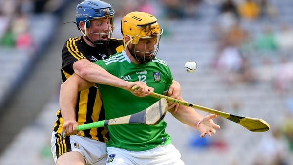 Limerick's Tom Morrissey and John Donnelly of Kilkenny compete for the ball in the 2019 All-Ireland semi-final