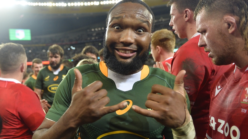 Lukhanyo Am celebrates as the Springboxs win the series decider