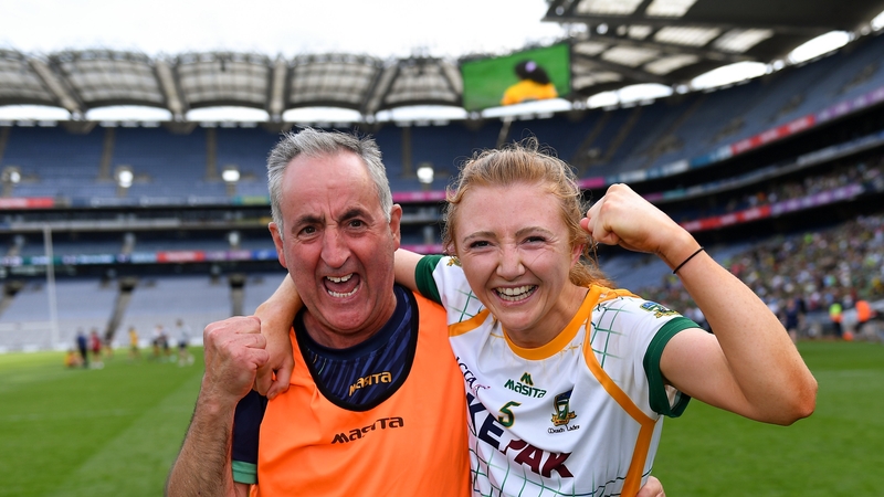 Meath manager Eamonn Murray celebrates with Aoibheann Leahy at full-time