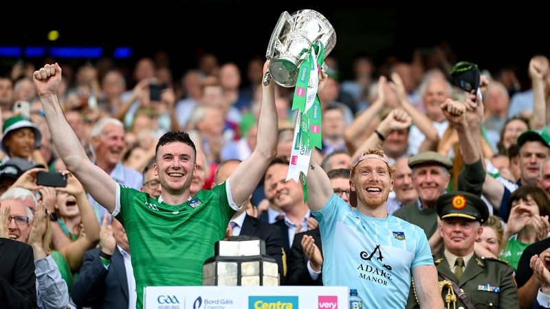 Declan Hannon (L) and Cian Lynch lift the Liam MacCarthy Cup last July