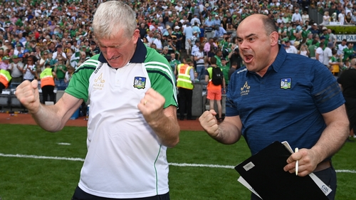 John Kiely (L) celebrates with Limerick County Board secretary Mike O'Riordan