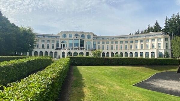 A view of the Powerscourt hotel from the gardens