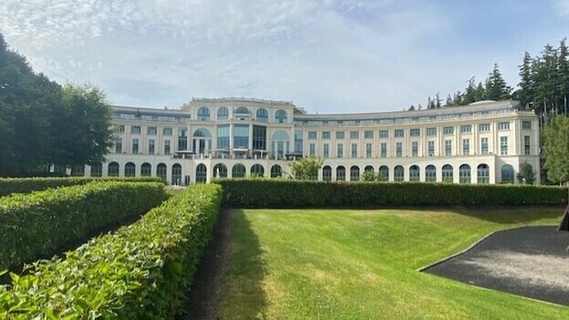 A view of the Powerscourt hotel from the gardens