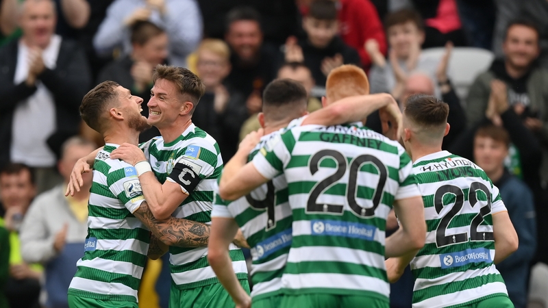 Finn, second from left, celebrates finding the net against Hibernians of Malta in the previous round
