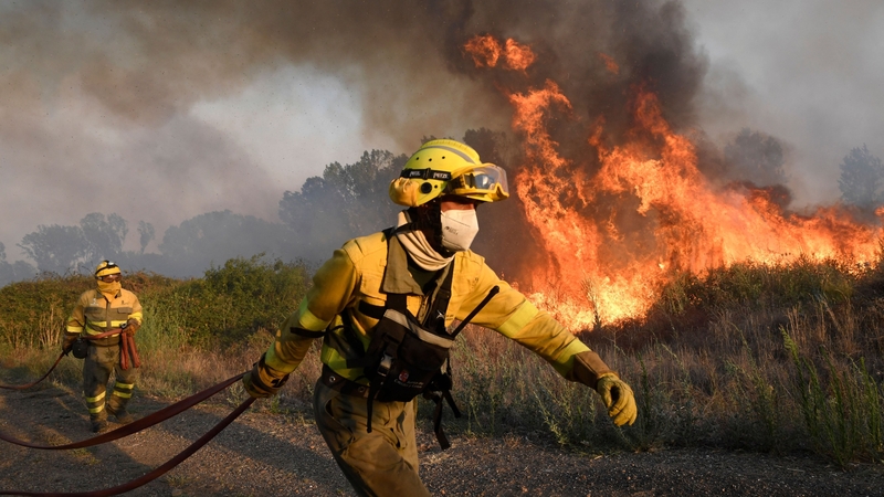 Firefighters try to extinguish a wildfire next to the village of Tabara, near Zamora, northern Spain