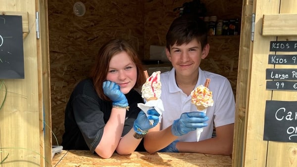 Eva Trachuk and Tim Novosolov behind the counter at the kiosk in Greystones
