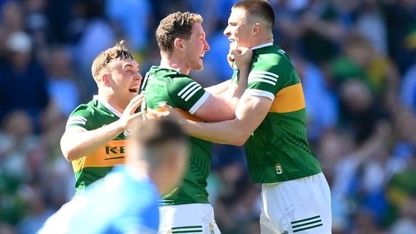 Dara Moynihan, Tadhg Morley and Seán O'Shea celebrate O'Shea's late winner