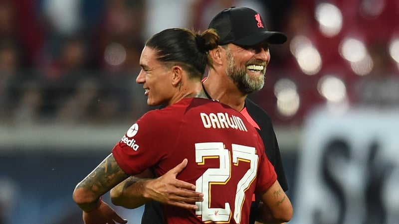 Jurgen Klopp and Darwin Nunez embrace after the 5-0 pre-season friendly win over RB Leipzig