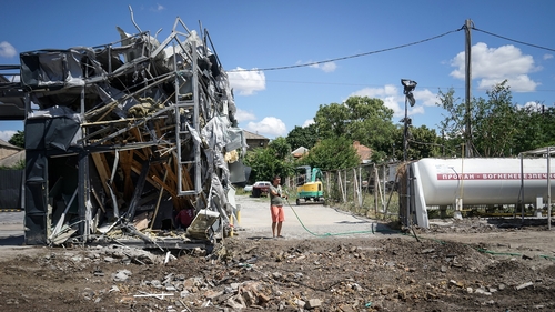 A petrol station damaged by shelling in Mykolaiv