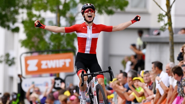 Cecilie Uttrup Ludwig celebrates crossing the line to take the stage win