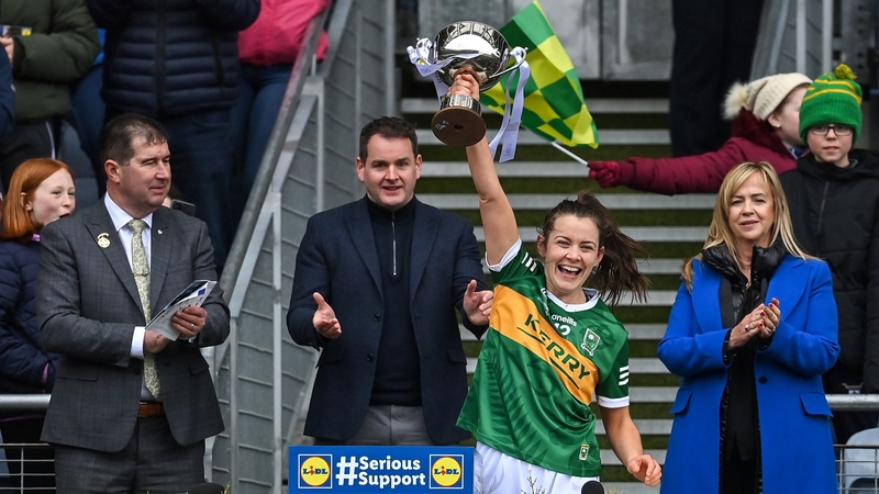 Galvin lifts lifts the Division 2 league trophy after last April's win over Armagh