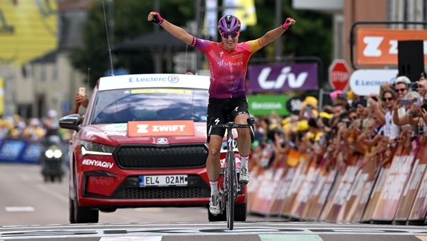 Olympic silver medallist Marlen Reusser celebrates her victory in Bar-sur-Aube