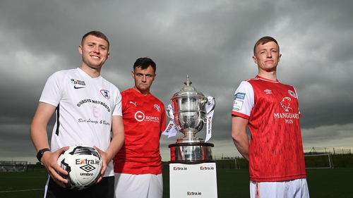 From left - Jack O'Connor of Maynooth University Town, Carl Bateman of Oliver Bond Celtic, and Chris Forrester of St Patrick's Athletic pictured with FAI Cup after the first round draw