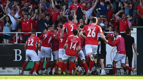 Sligo Rovers players and supporters celebrate Shane Blaney's free-kick