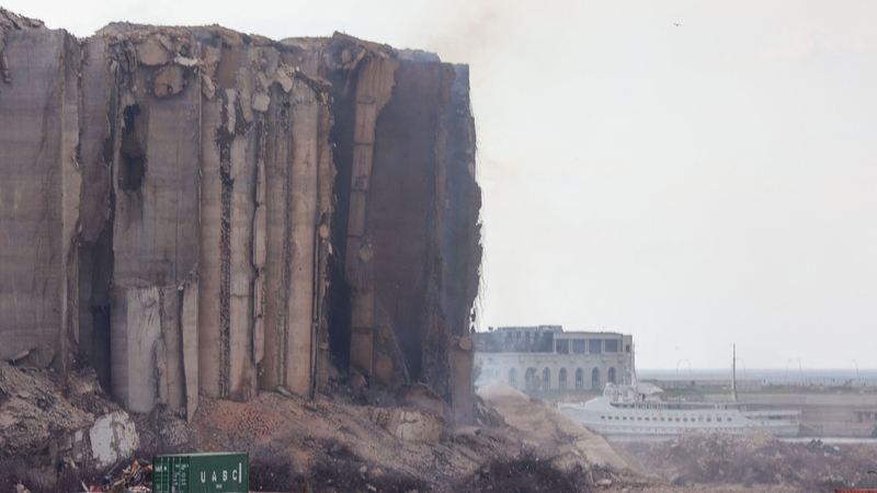 A view of the heavily damaged grain silos at the port following the partial collapse