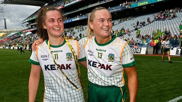 Emma Duggan (L) and Vikki Wall soak up the post-match celebrations