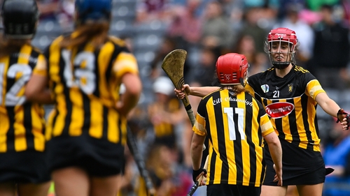 Sophie Dwyer of Kilkenny, right, celebrates with teammate Katie Nolan after their side's victory in the semi-final against Galway