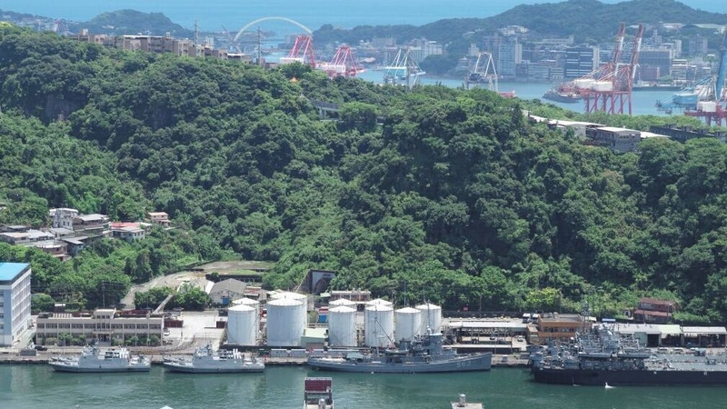 An aerial view shows Taiwanese navy ships (foreground) in Keelung harbour as China held military exercises encircling Taiwan