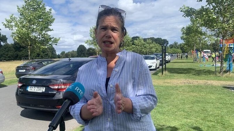Mary Lou McDonald speaking to reporters at the Phoenix Park today