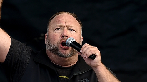 Alex Jones speaks to supporters of US President Donald Trump as they demonstrate in Washington, DC in 2020 (file pic)
