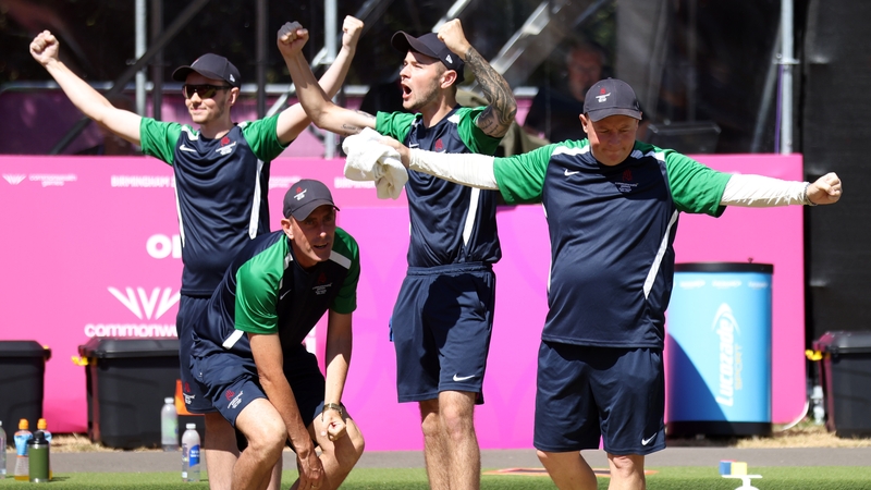 Ian McClure, Adam McKeown, Sam Barkley and Martin McHugh of Team Northern Ireland celebrate their victory