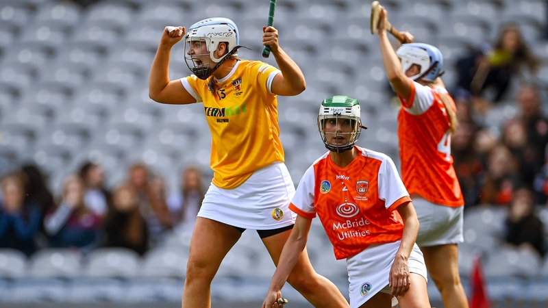 Dervla Cosgrove of Antrim celebrates scoring her side's third goal