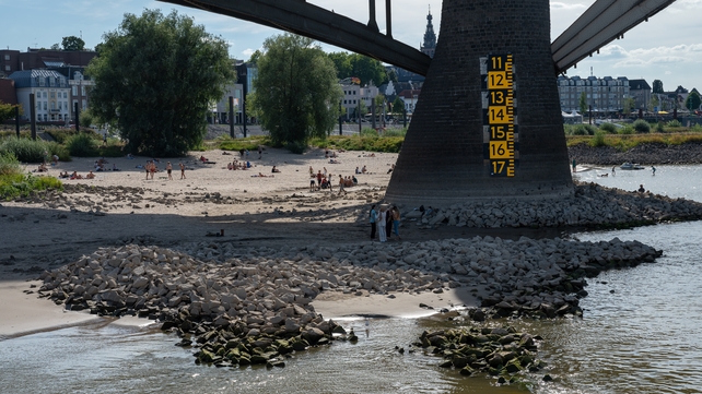 The water level drops on the River Waal in Nijmegen in the Netherlands
