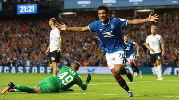 Malik Tillman celebrates scoring Rangers' third goal of the night
