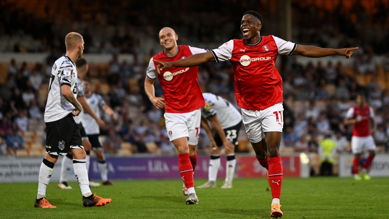Chiedozie Ogbene celebrates his strike as Rotherham beat Port Vale