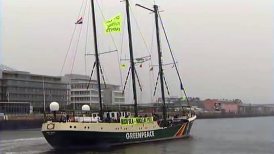 The Greenpeace ship the Rainbow Warrior leaves Dublin Port, 2002.