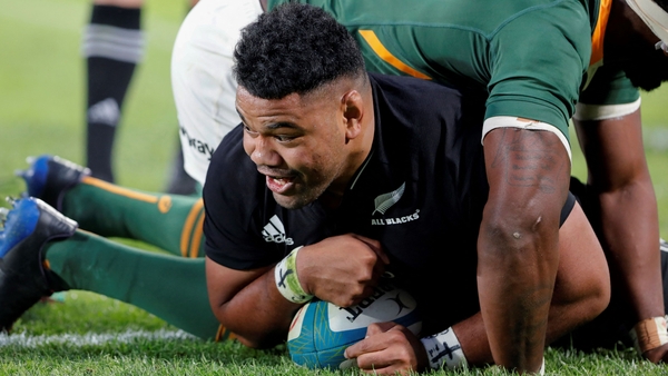 New Zealand hooker Samson Taukei'aho celebrates after scoring a try
