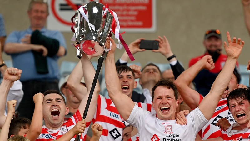 Declan Byrne, left, and Gavin Bailey of Ferns St Aidan's lift the trophy