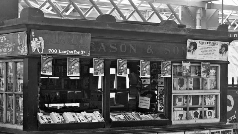 An Irish railway newsstand in the 1920s.