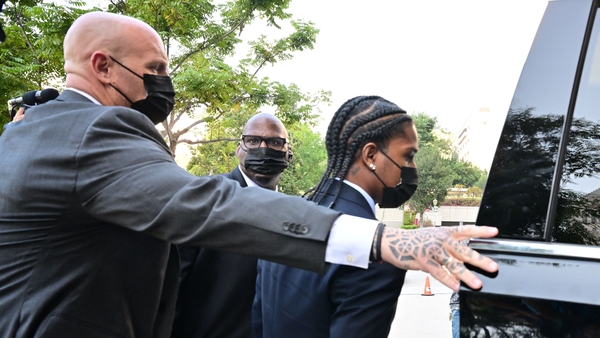 Rapper A$AP Rocky leaves the courthouse after his arraignment in Los Angeles, California on 17 August. (Photo by Frederic J. Brown / AFP) (Photo by FREDERIC J. BROWN/AFP via Getty Images)
