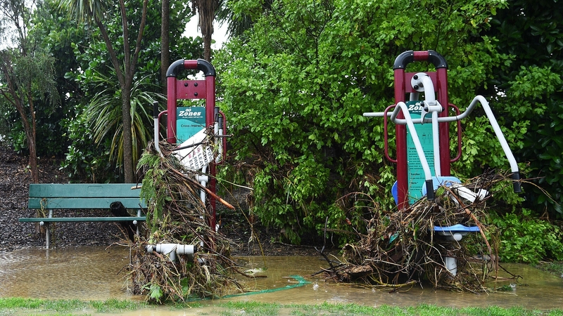 Debris is seen on public exercise machines in Nelson after flash floods