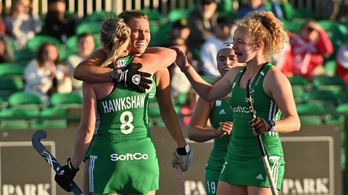 Deirdre Duke (C) celebrates with Sarah Hawkshaw