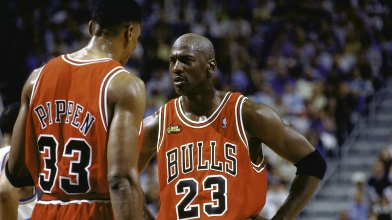 Michael Jordan and Scottie Pippen on court during Game 1 of the 1998 NBA Finals