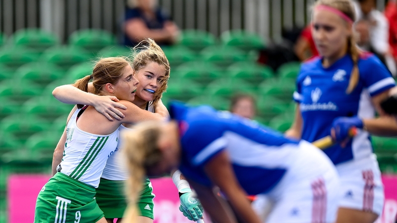 Katie Mullan is congratulated by team-mate Sarah Torrans after scoring against Czech Republic