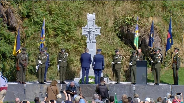 Taoiseach Micheál Martin lays a wreath at the Michael Collins monument at Béal na Bláth