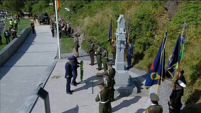 Taoiseach Micheál Martin lays a wreath at the Michael Collins monument at Béal na Bláth