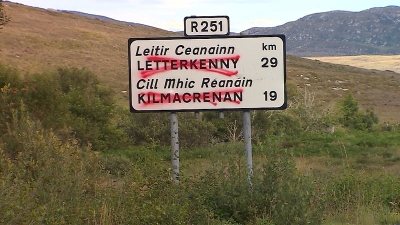 'Have you noticed that all road signs on the major networks across the country have the English word in large, straight capitals and that the Irish language, correct or not, is displayed in smaller, italicised letters?' Photo: RTÉ