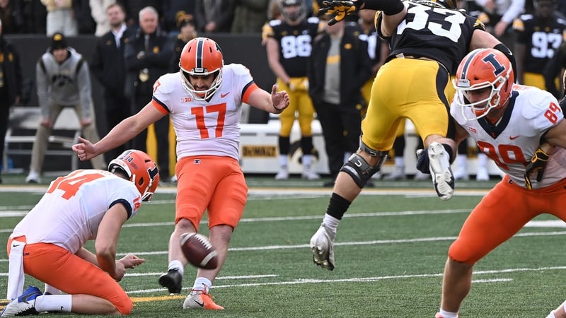 James McCourt kicks a 53-yard field goal for the Illinois Fighting Illini against the Iowa Hawkeyes last season