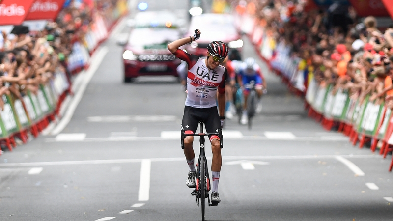 Marc Soler celebrates as he crosses the finish line