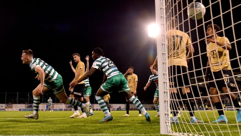 Andy Lyons celebrates after scoring the winner for Shamrock Rovers